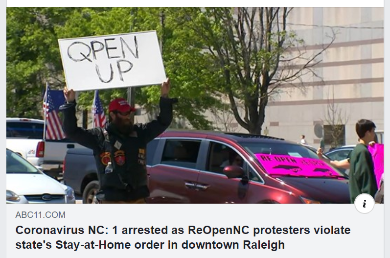 Michael J. Penney at the reopen NC protest in downtown Raleigh, NC across from the Governor's Mansion - ABC 11
