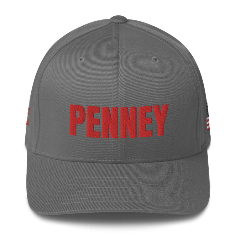 FRONT Baseball hat PENNEY front, Q PATRIOT over WWG1WGA on right side, PENNEY on back, small middle, American flag on left side; this hat is grey , it is available multicam camo, red, whiteblue, , tan , charcoal, tricolor camouflage, black - Michael J. Penney Store