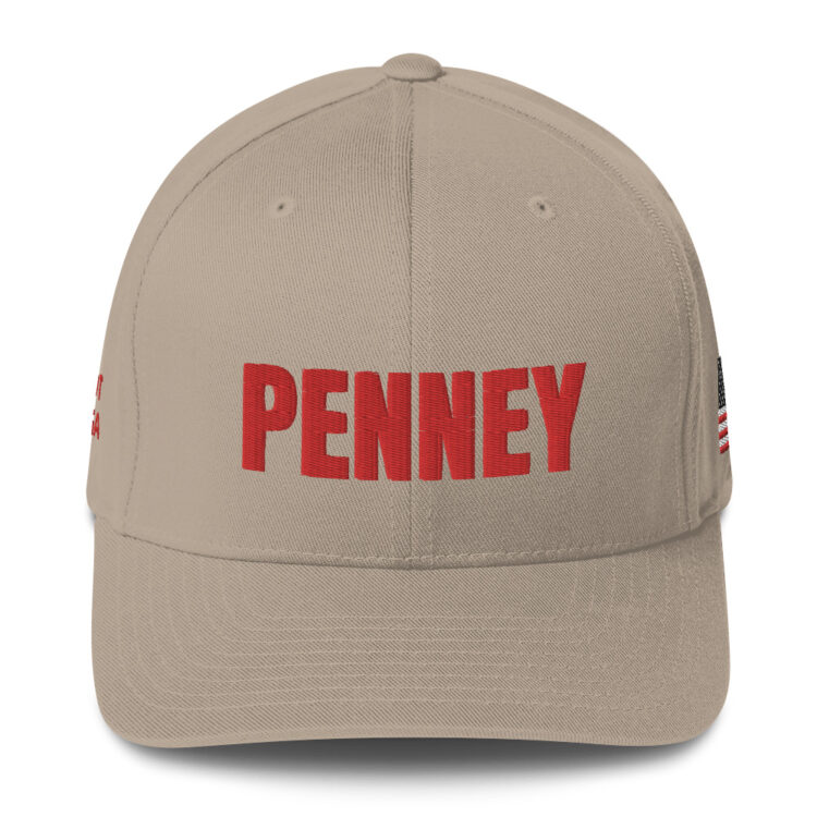 FRONT Baseball hat PENNEY front, Q PATRIOT over WWG1WGA on right side, PENNEY on back, small middle, American flag on left side; this hat is tan , it is available multicam camo, red, whiteblue, , grey, charcoal, tricolor camouflage, black - Michael J. Penney Store