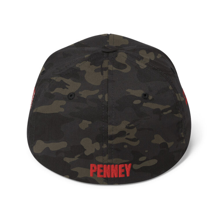 Baseball hat PENNEY front, Q PATRIOT over WWG1WGA on right side, PENNEY on back, small middle, American flag on left side; this hat is tricolor green woodland camo , it is available multicam camo, black , GREY, whiteblue, , tan , charcoal, tricolor camouflage, blue - Michael J. Penney Store