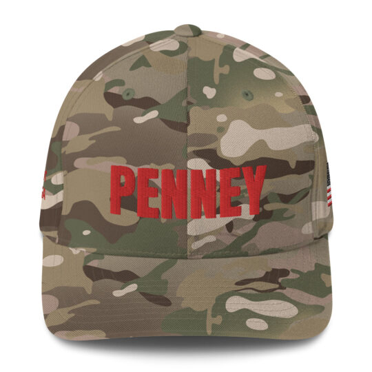 FRONT Baseball hat PENNEY front, Q PATRIOT over WWG1WGA on right side, PENNEY on back, small middle, American flag on left side; this hat is multicam camouflage, it is available tricolor camo, red, blue, tan, grey, charcoal, white, black - Michael J. Penney Store