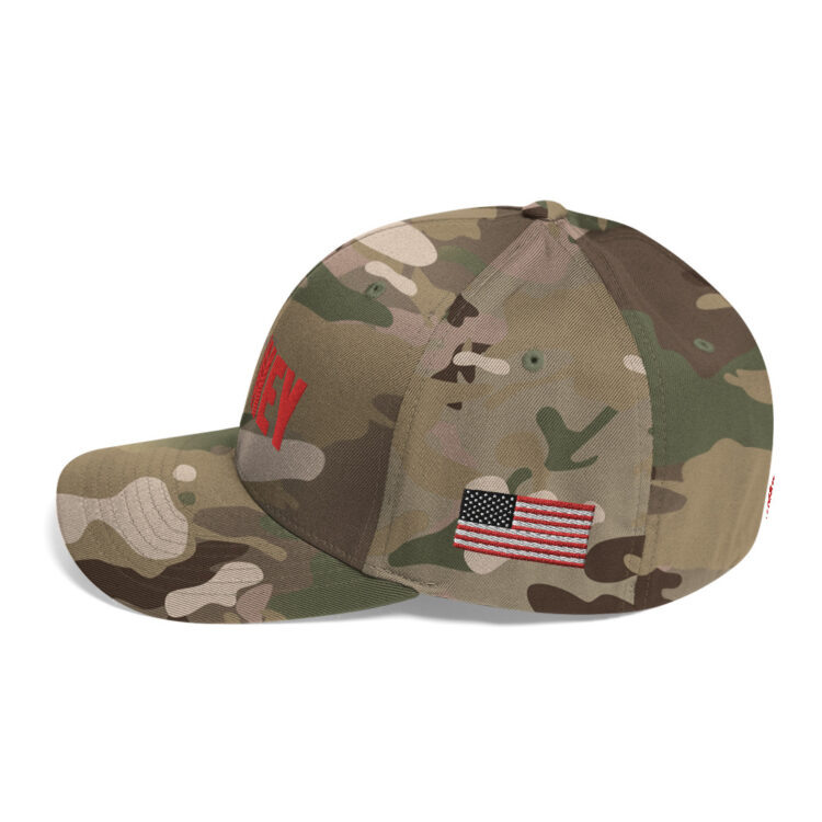 LEFT SIDE Baseball hat PENNEY front, Q PATRIOT over WWG1WGA on right side, PENNEY on back, small middle, American flag on left side; this hat is multicam camouflage, it is available tricolor camo, red, blue, tan, grey, charcoal, white, black - Michael J. Penney Store