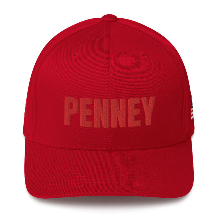 Baseball hat PENNEY front, Q PATRIOT over WWG1WGA on right side, PENNEY on back, small middle, American flag on left side; this hat is RED , it is available multicam camo, GREY, whiteblue, , tan , charcoal, tricolor camouflage, black - Michael J. Penney Store