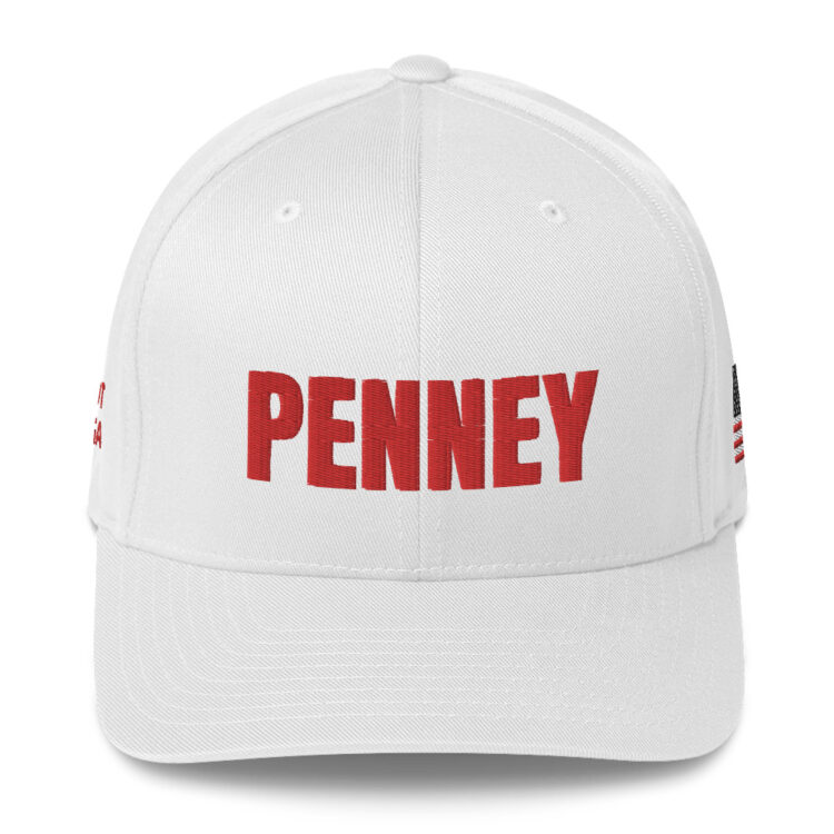 FRONT Baseball hat PENNEY front, Q PATRIOT over WWG1WGA on right side, PENNEY on back, small middle, American flag on left side; this hat is white , it is available multicam camo, red, blue, tan, grey, charcoal, tricolor camouflage, black - Michael J. Penney Store